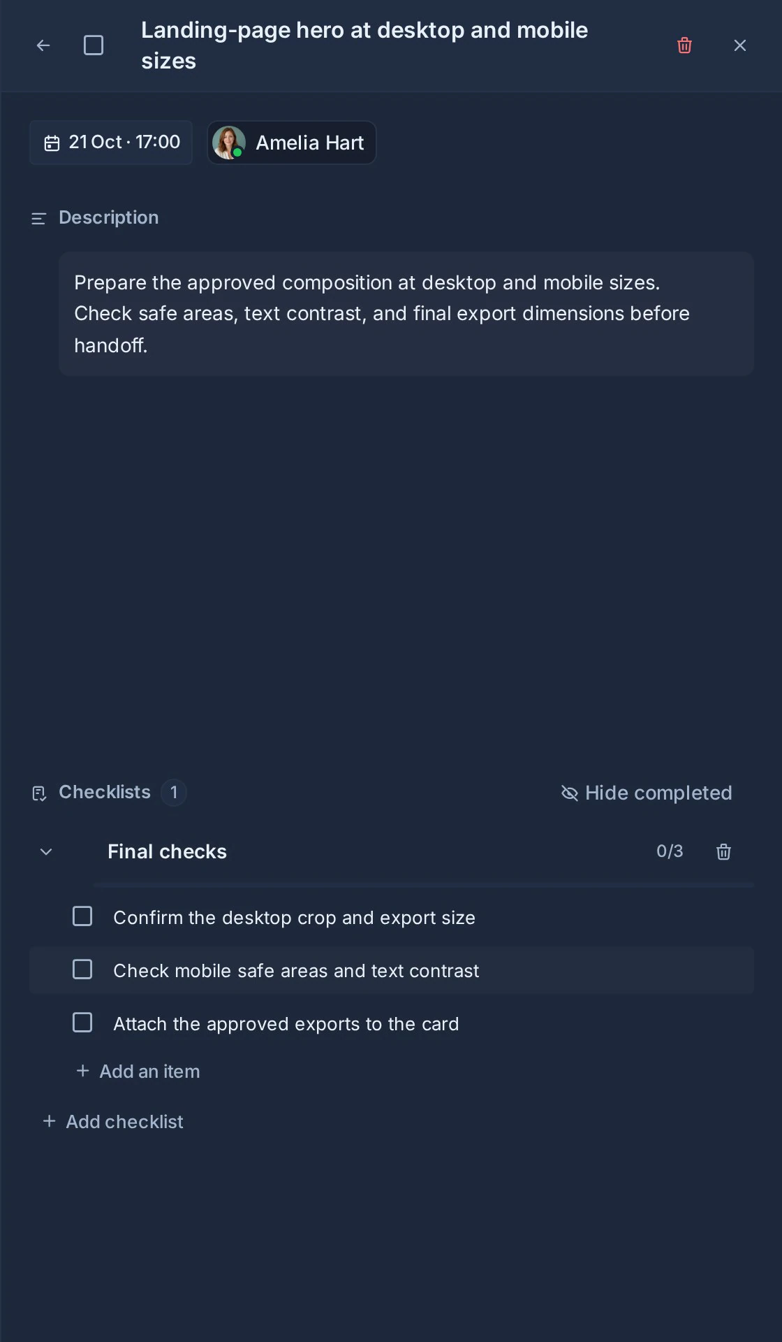 A checklist-item detail panel with an assignee, due date, description, and nested checklist.