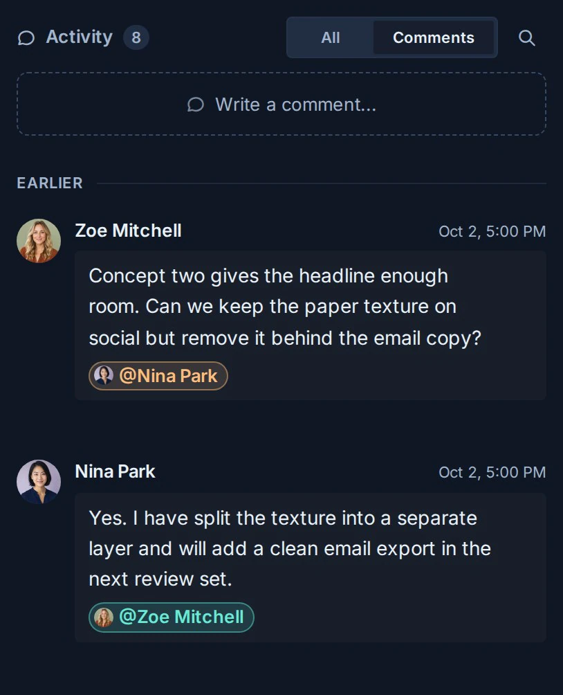 A Kanera card Activity column with Comments selected, showing the composer, teammate discussion, mentions, replies, and thumbs-up controls.
