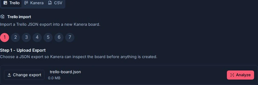 L'étape de téléchargement de l'importation Trello dans les paramètres de l'espace de travail Kanera avec une exportation JSON sélectionnée.