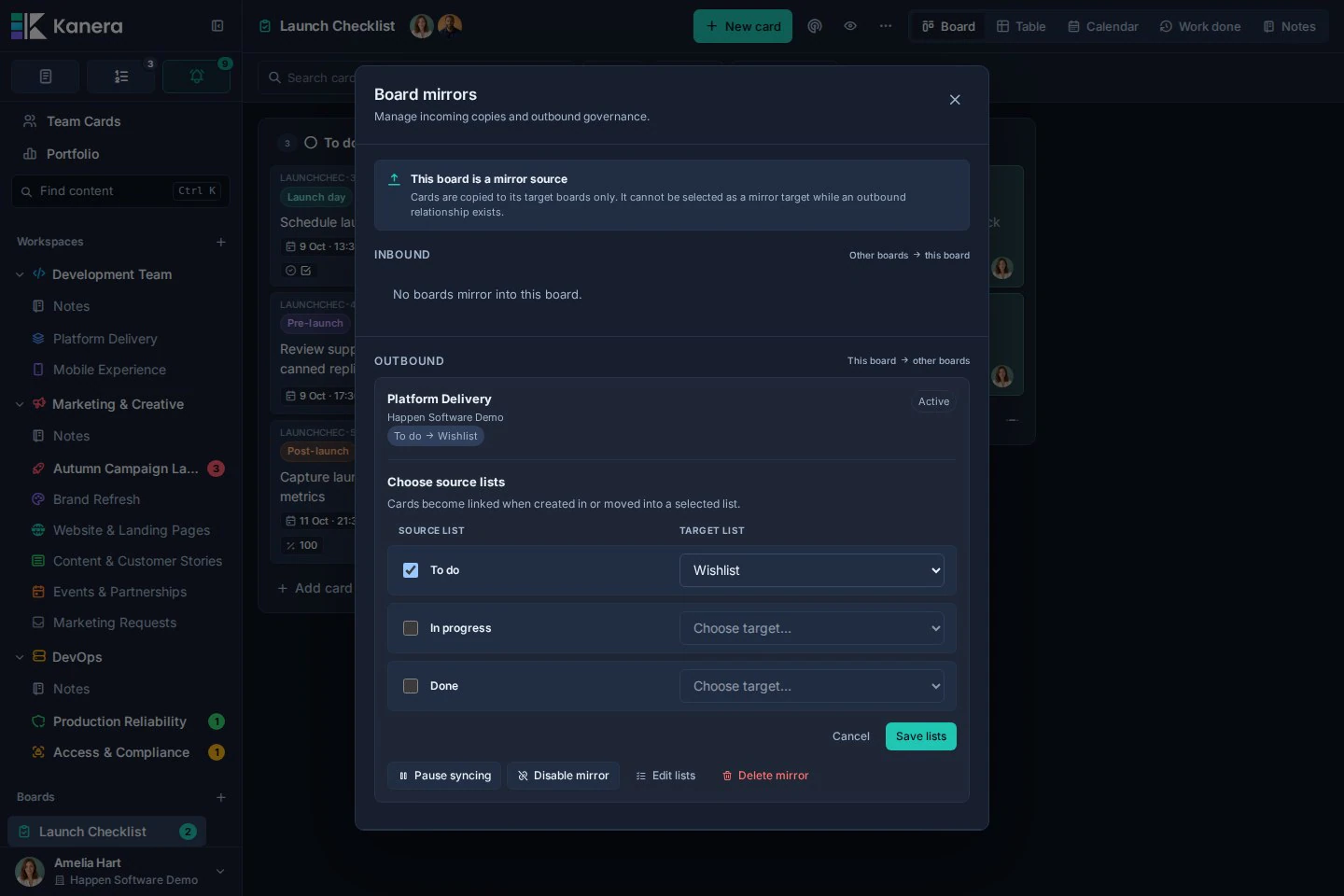 The board mirror list editor maps the To do source list on Launch Checklist to Wishlist on Platform Delivery.
