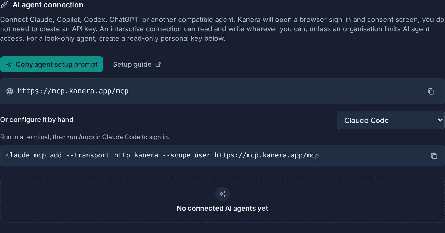 Personal API settings showing the agent setup prompt, the Kanera MCP address, a copyable Claude Code setup command, and connected-agent management.