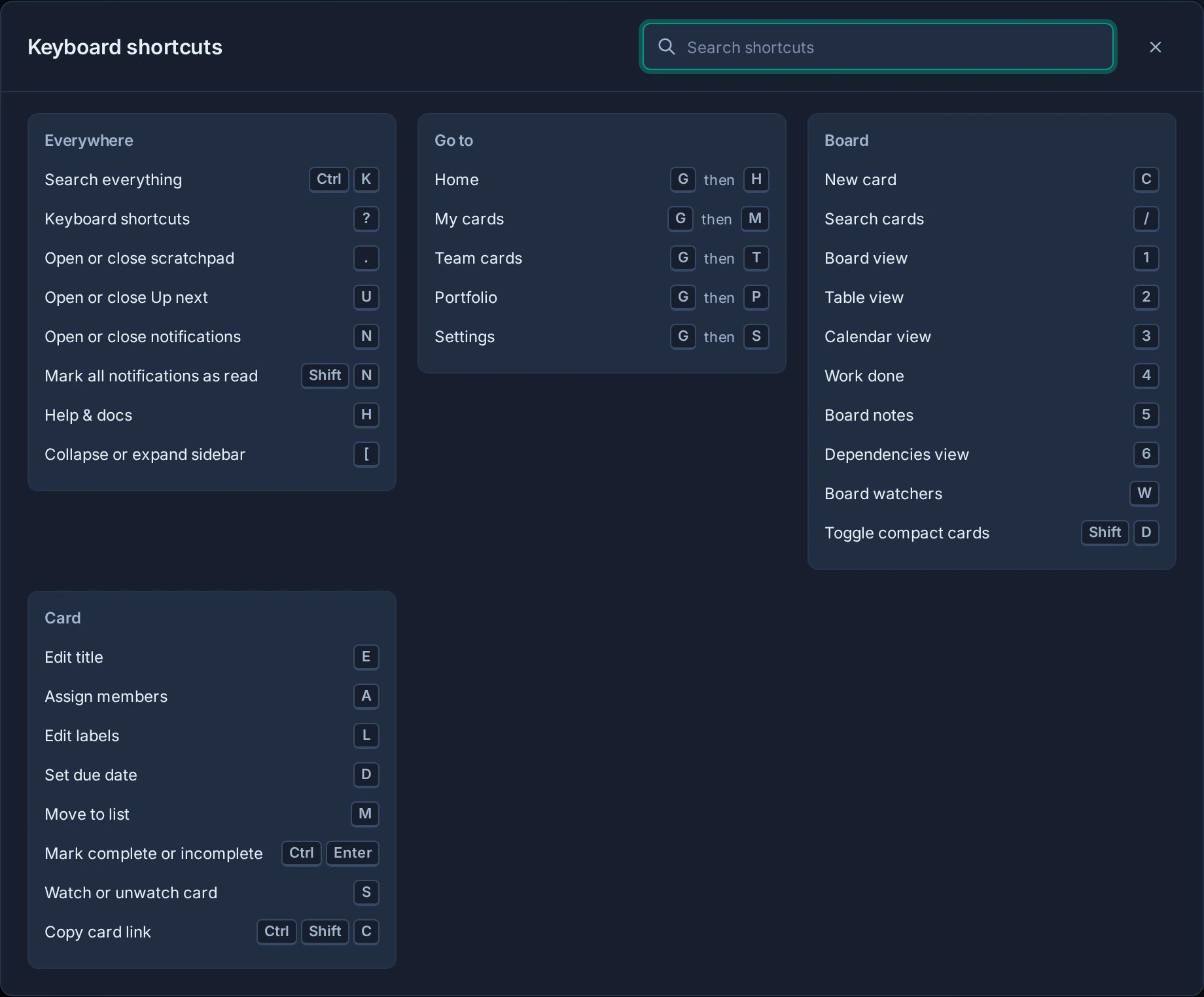 Kanera's searchable keyboard shortcut sheet open over a card, showing global, navigation, board, and card actions.