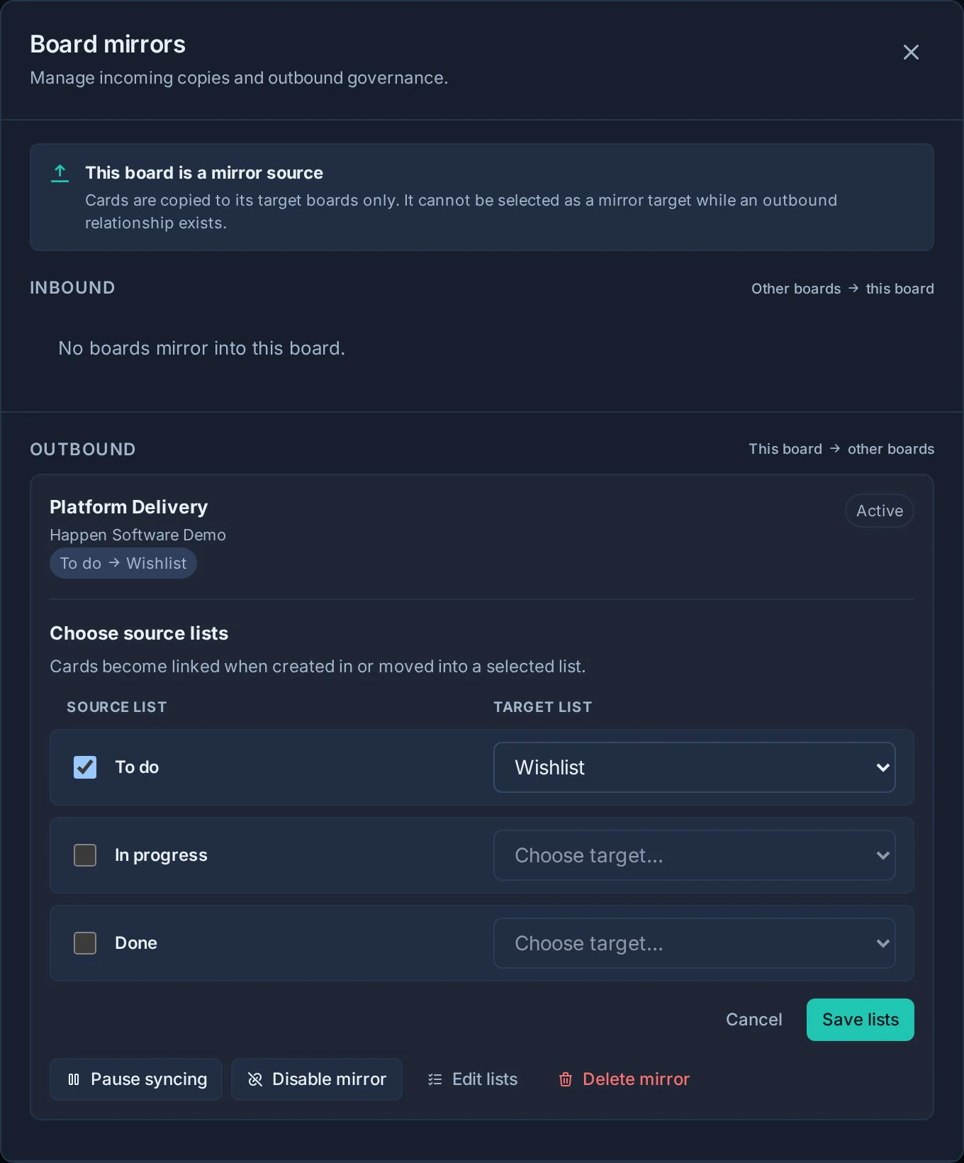 Der Board-Mirror-Listeneditor ordnet die To-Do-Quellenliste auf der Start-Checkliste der Wunschliste auf der Plattformbereitstellung zu.