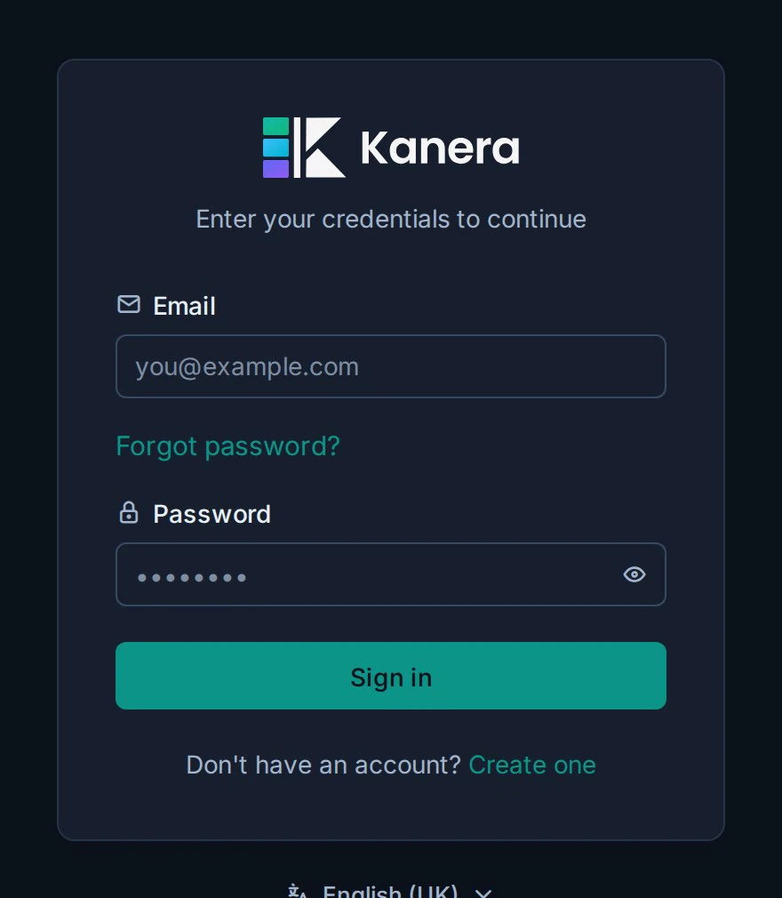 Le formulaire de connexion Kanera en mode sombre avec les contrôles Email, Mot de passe et Connexion.