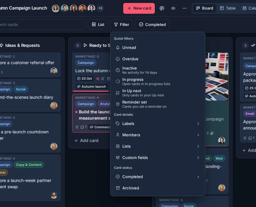 The board filter menu with the Archived filter available.