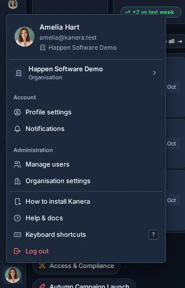 Kanera account menu on a phone, with the How to install Kanera option