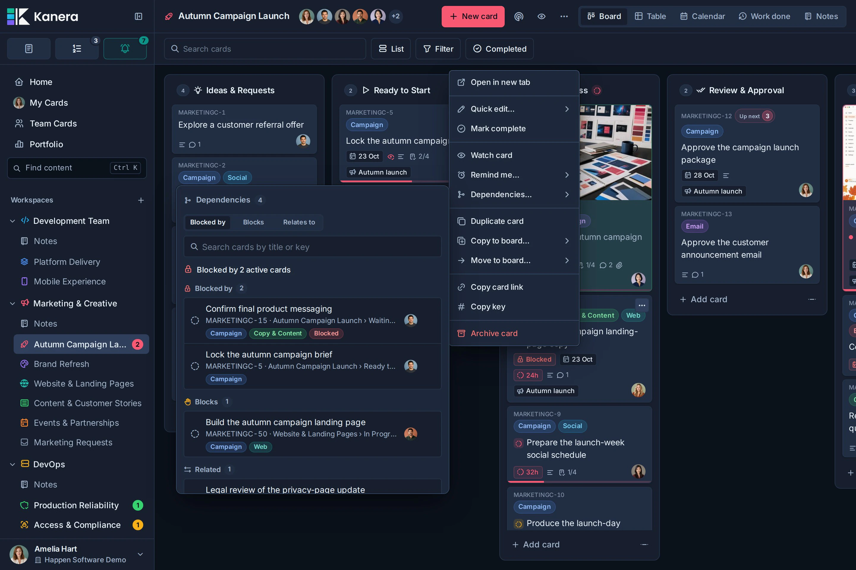 The Dependencies popover opened from a campaign card, with Blocked by, Blocks, and Relates to choices and a card search.