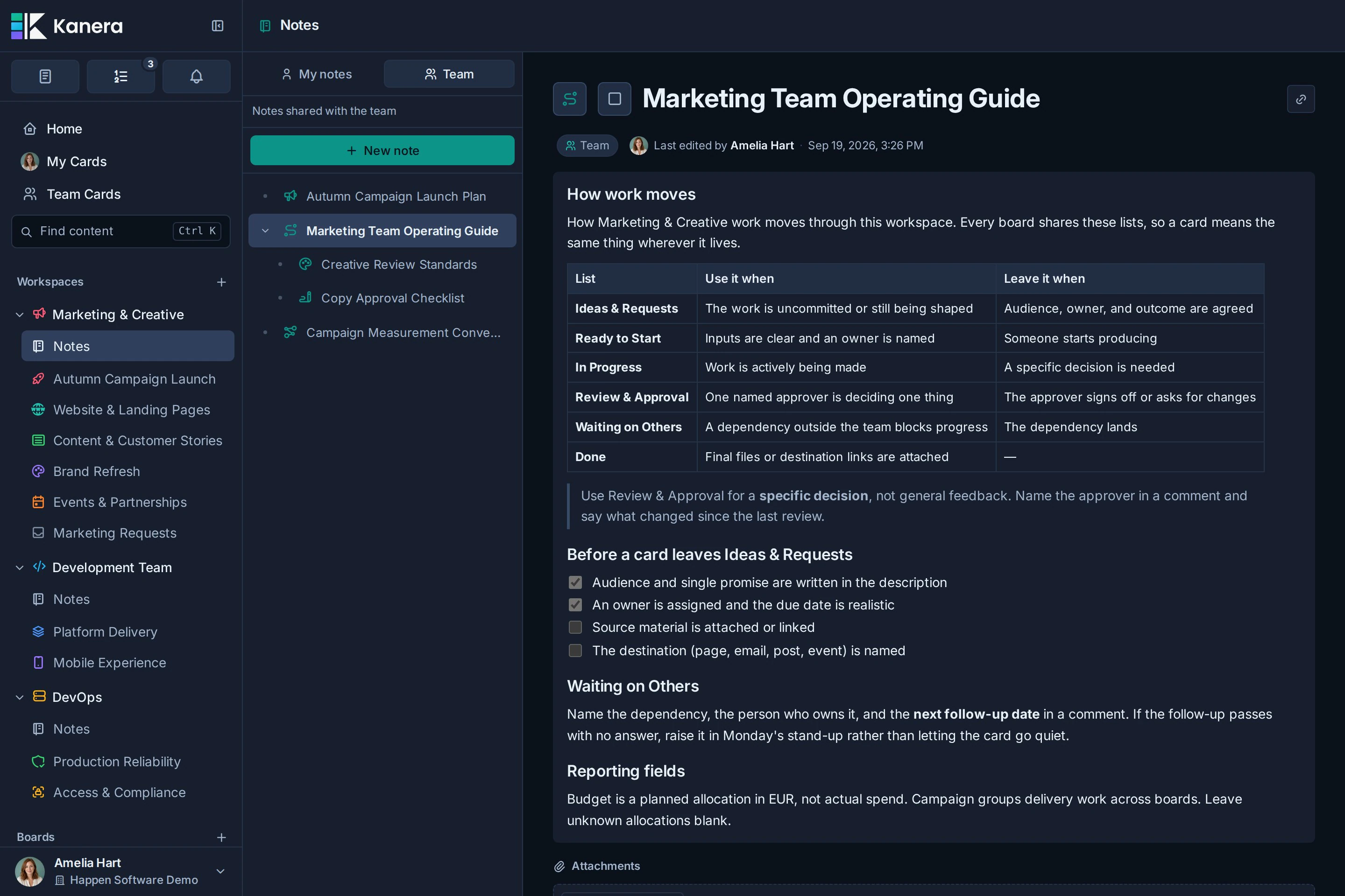 Notizen des Marketing- und Kreativteams mit einem ausgefüllten verschachtelten Seitenbaum, einer offenen Bedienungsanleitung mit Listentabelle, Legende und Checkliste sowie der Aktion „Neue Notiz“.