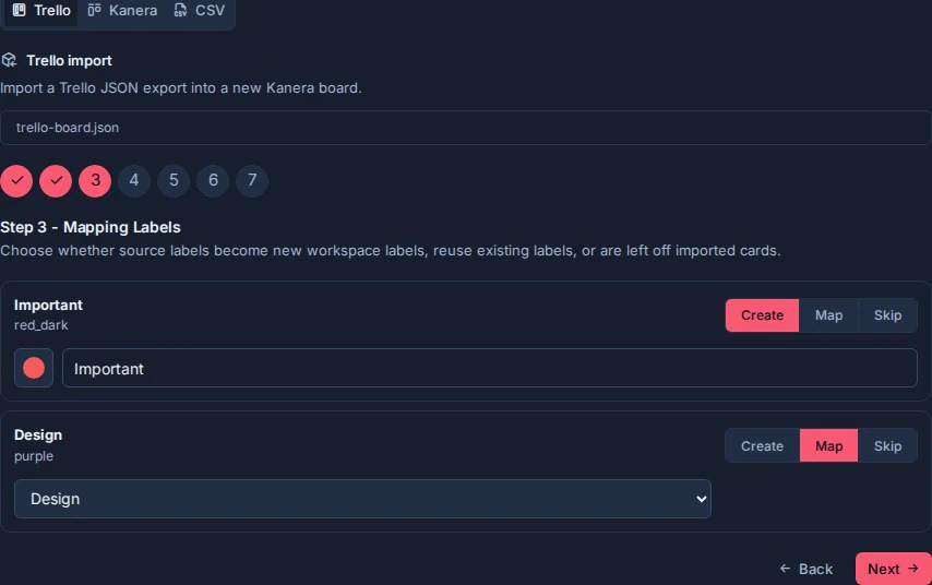L'étape de mappage des étiquettes d'importation Trello avec les étiquettes importées et les choix de couleurs.