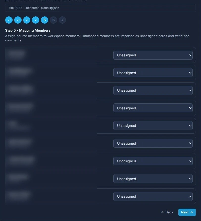 The Trello import member mapping step with Trello users matched to workspace members.