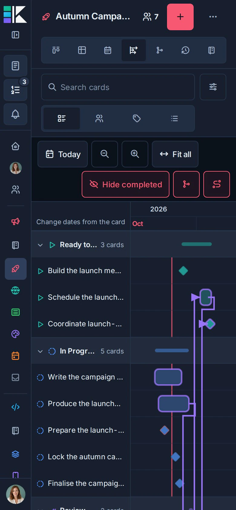 The Timeline at phone width, with compact card names, calendar lanes, critical-path bars, and touch-friendly toolbar controls.