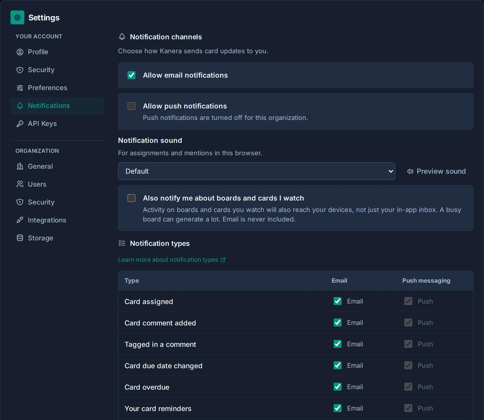 Configuraciones de notificaciones personales disponibles en la aplicación web de Kanera.