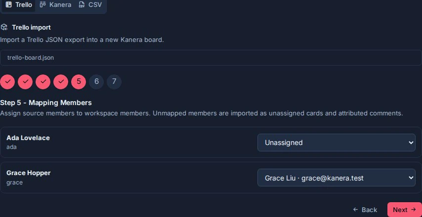 L'étape de mappage des membres d'importation Trello avec les utilisateurs Trello correspondant aux membres de l'espace de travail.