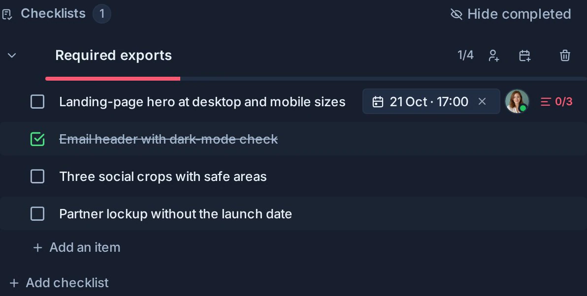 A card checklist showing required exports, item completion, progress, assignee controls, and due-date controls.