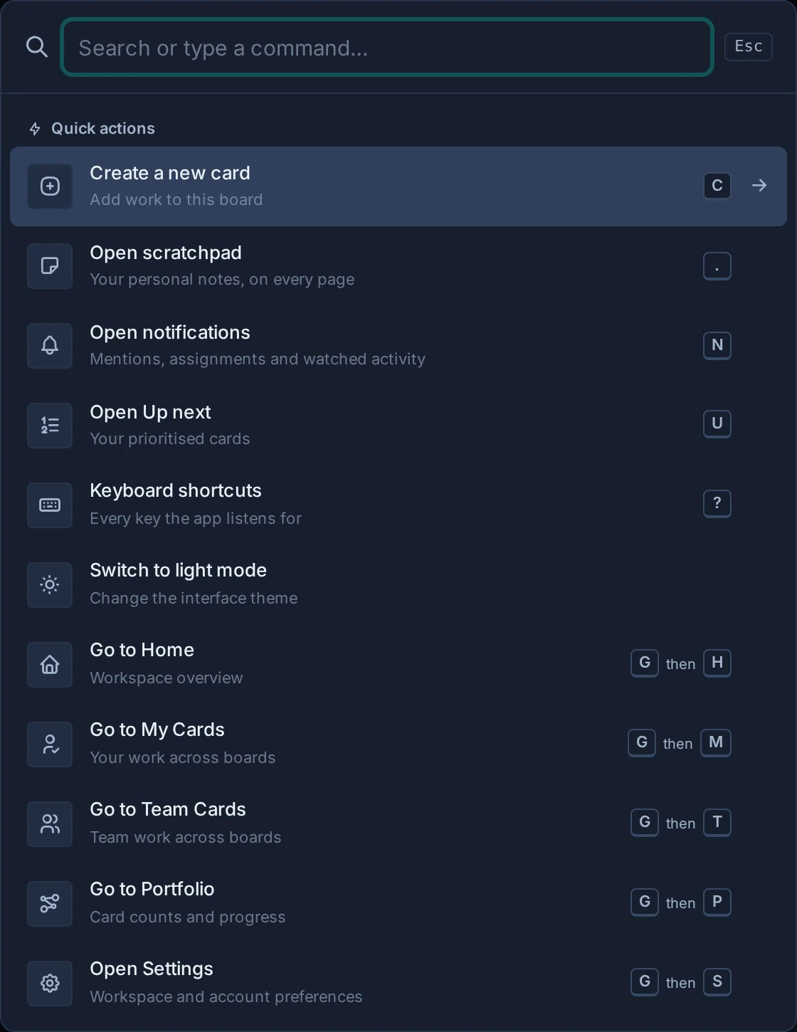 Kanera global search showing quick actions for creating work, navigating, opening settings, and changing theme.