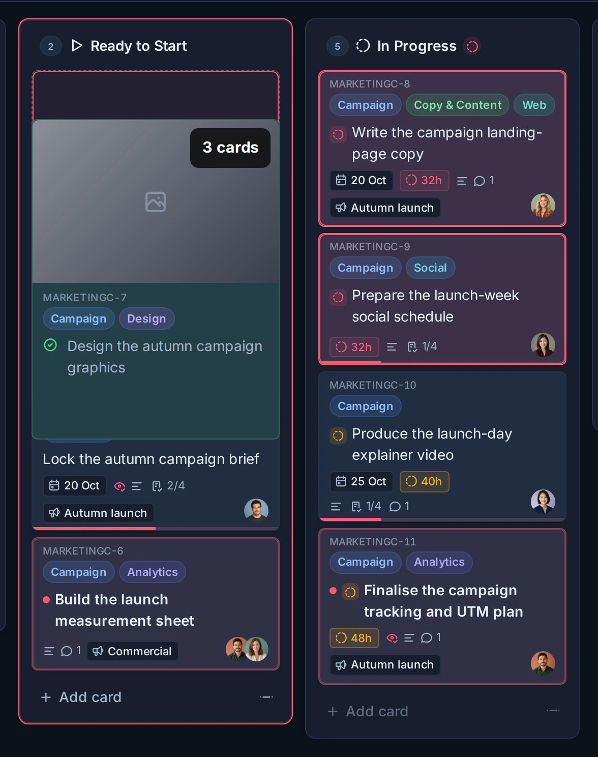 Three selected cards being dragged together from In Progress to Ready to Start, with a three-card drag badge and the destination list highlighted.