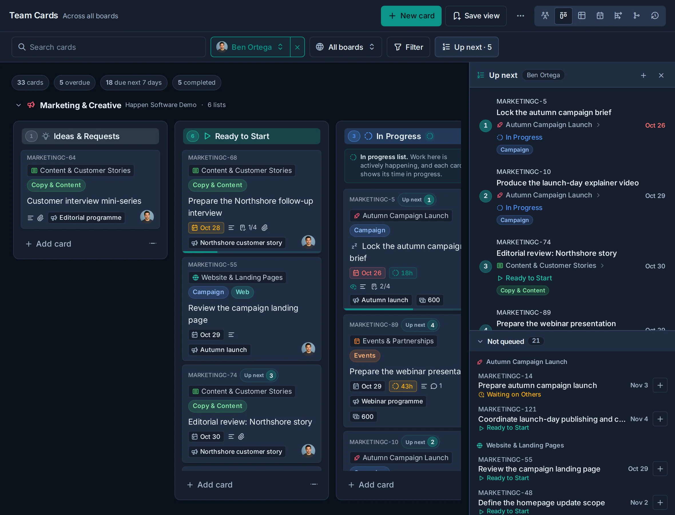 Team Cards focused on Ben Ortega with Development Team collapsed and his ranked Up next queue open beside Marketing work.