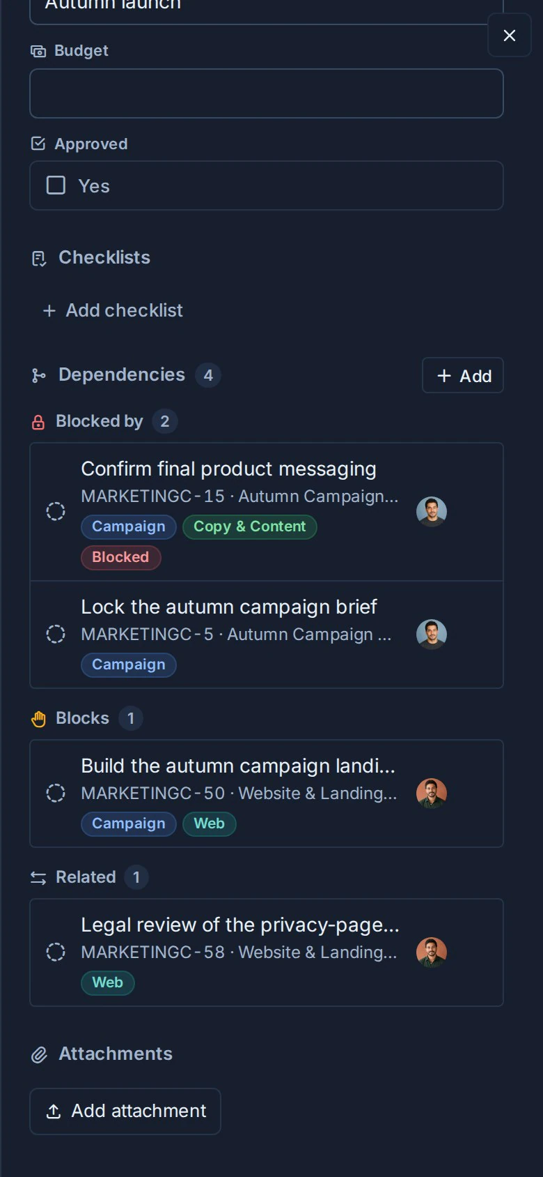 The Dependencies section on a phone, showing Blocked by, Blocks, and Related groups.
