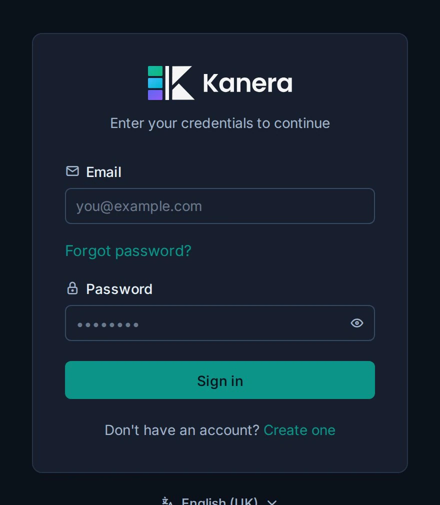 The Kanera sign-in form in dark mode with Email, Password, and Sign in controls.
