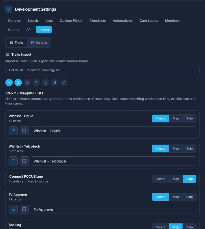 The Trello import list mapping step with create, map, and skip choices.