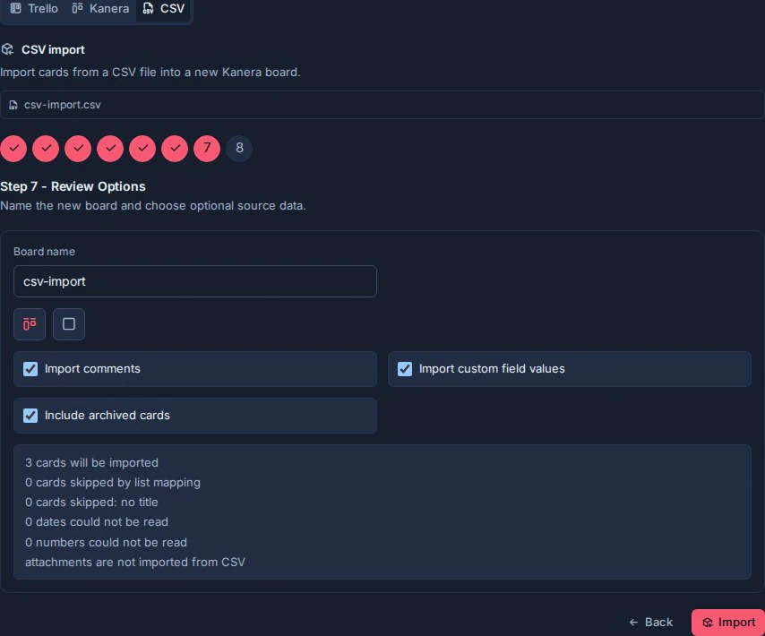 The final CSV import review in Kanera, showing the new board settings and rows that will be imported or skipped.