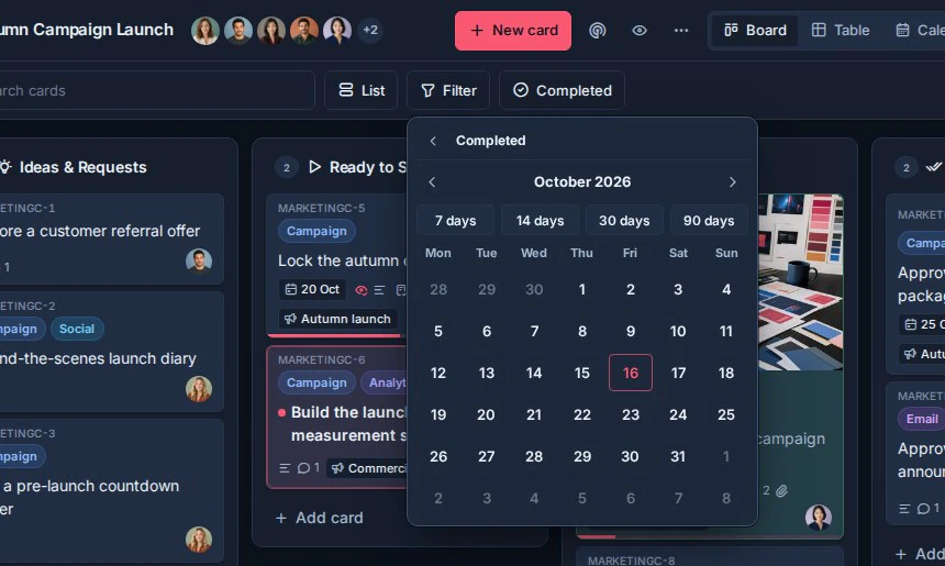 The board Filter menu with the Completed date range picker open.