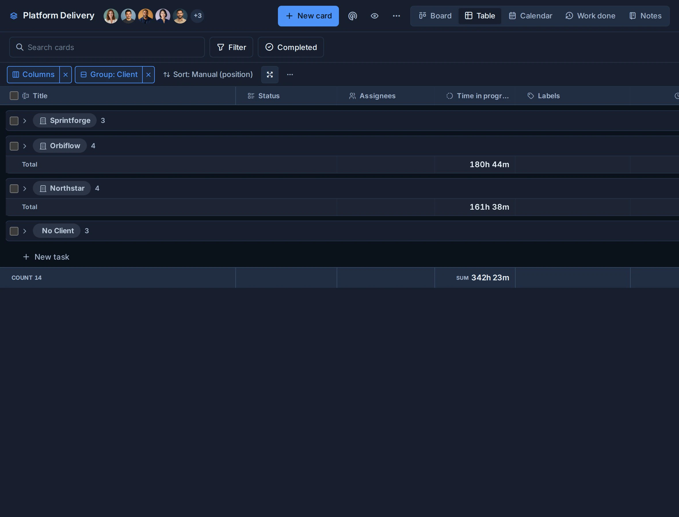 The Platform Delivery report collapsed to Client groups with summed Billing Hours.