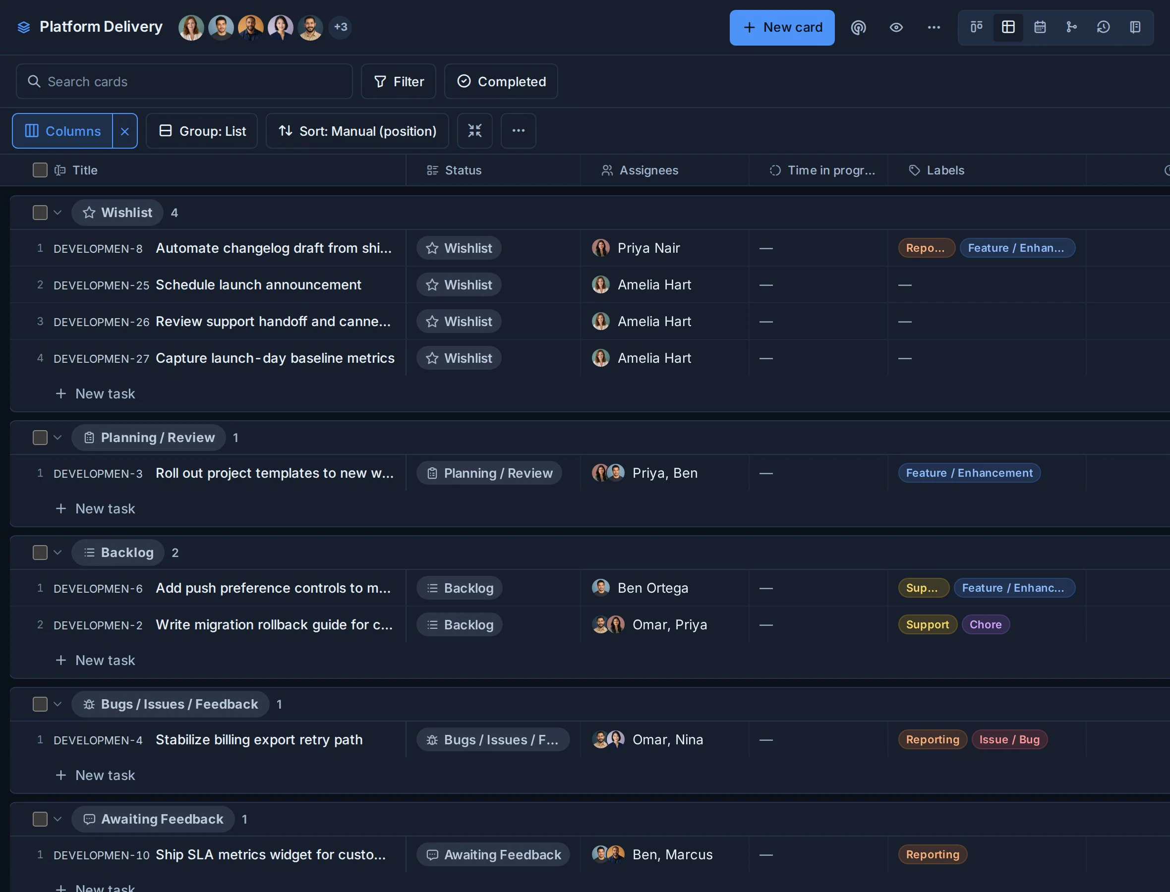 Das Platform Delivery-Board in der Tabellenansicht mit sichtbaren Status-, Beauftragten-, Beschriftungs- und Berichtsfeldern.